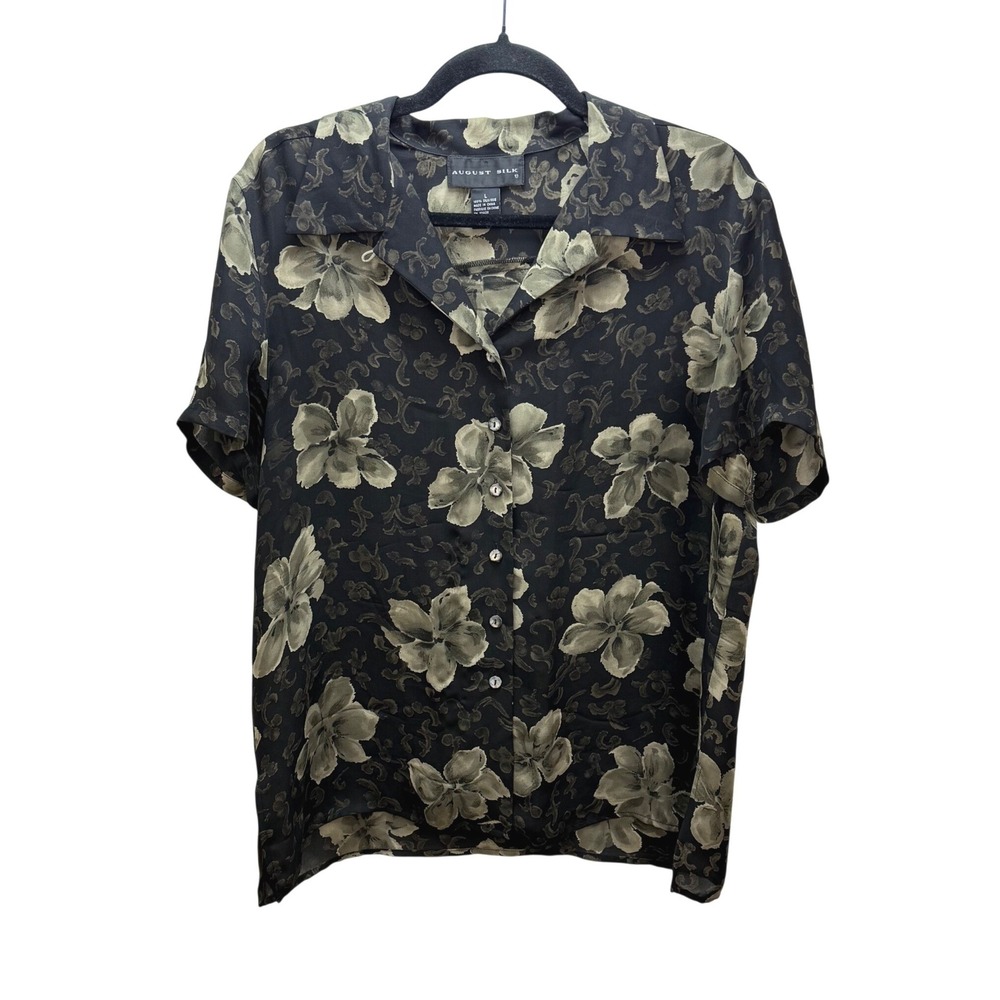 100% Silk Hawaiian Shirt L Black Floral Short Sleeve Blouse August Silk Button
